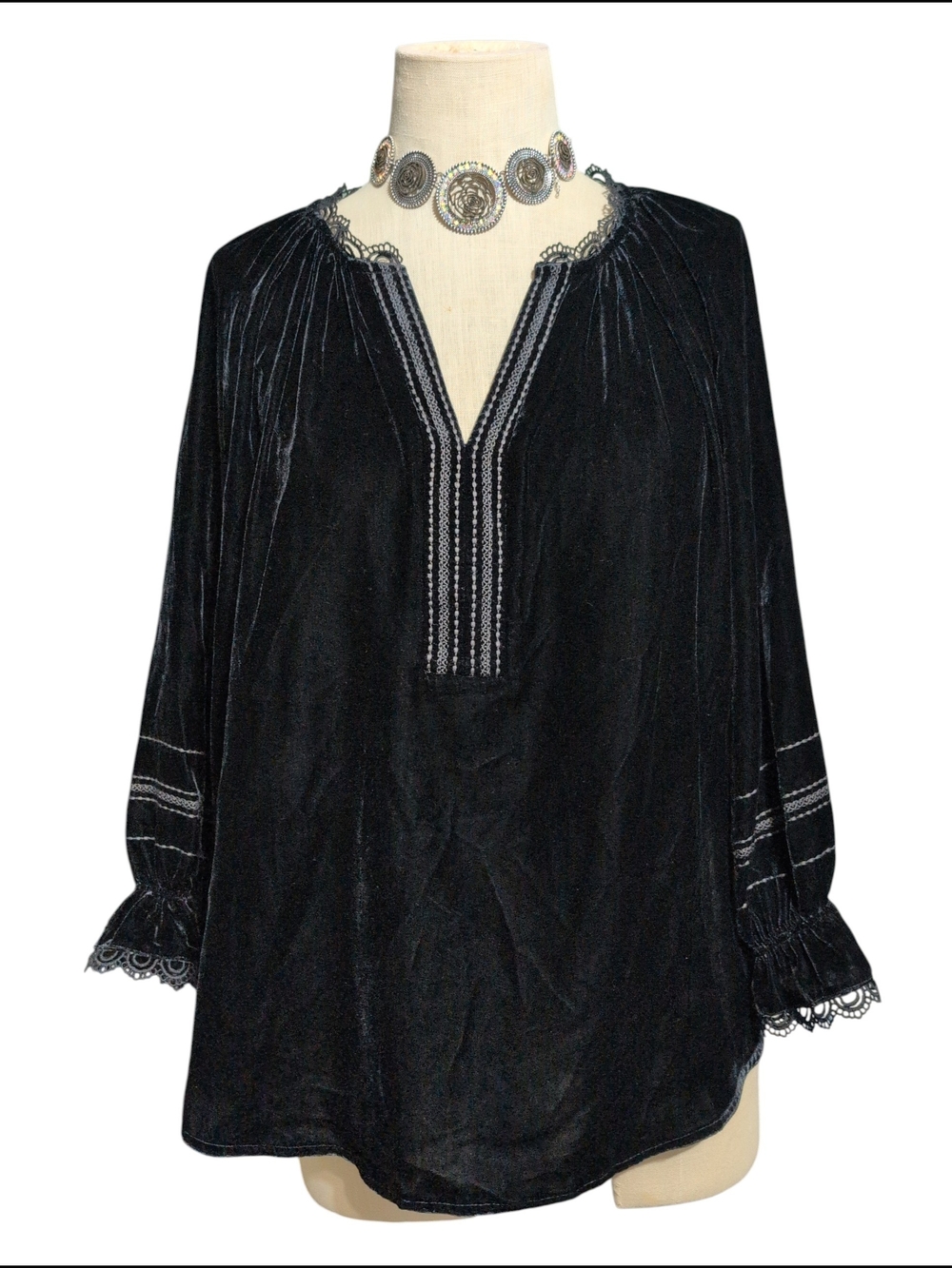 Nwt Democracy Black Velvet Tunic Top Lace Soft Casual Career Black Dress 1X